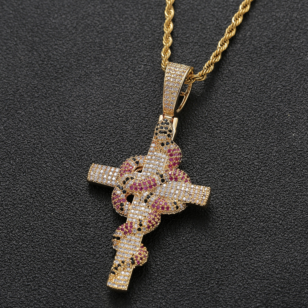 

Iced Out Snake Cross Pendant Necklace with Chain Gold Silver Bling Cubic Zirconia Hiphop Rock Jewelry