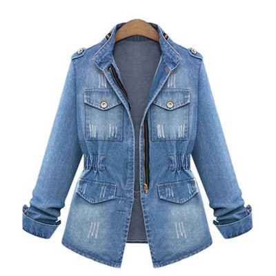

Women Fashion Sharp Power Studded Shoulder Notched Lapel Denim Jeans, As pic