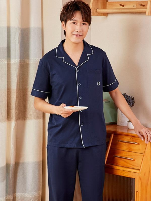 

Conlia Men's Cotton Short Sleeve Solid Pajama Sets Home Clothes Tops Pants Suit Loungewear 2020 Plus Size Home Wear, Navy