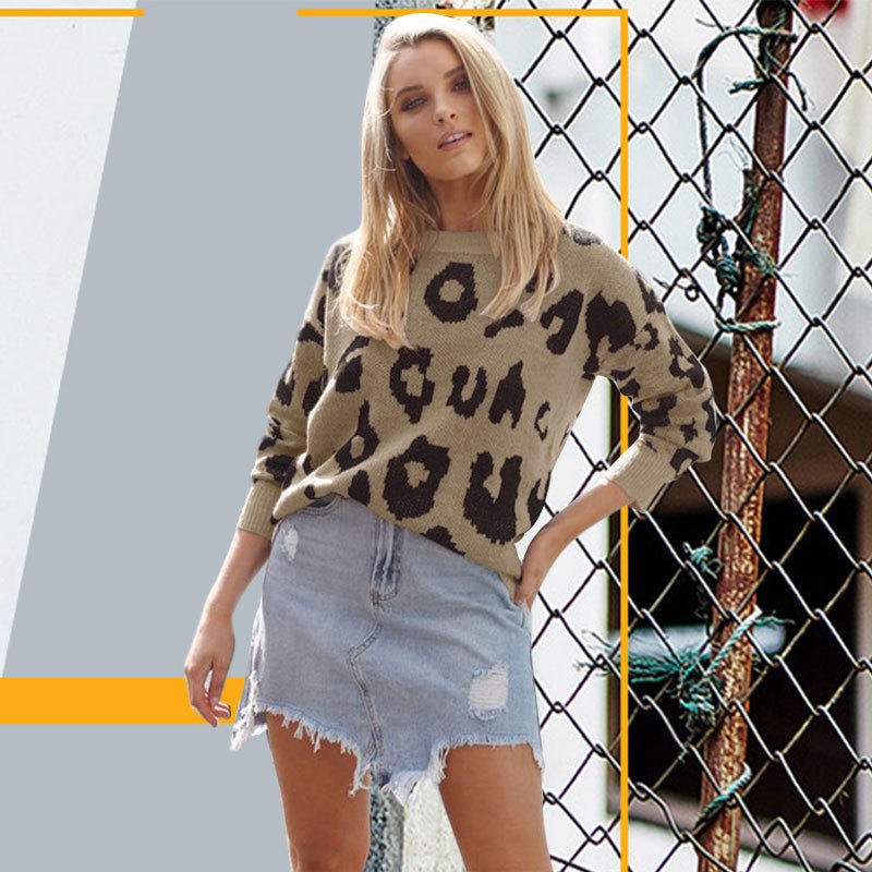 

Womens Leisure Autumn Leopard Printed Loose Blouse Long-Sleeve Round Neck Sweater Tops, Black