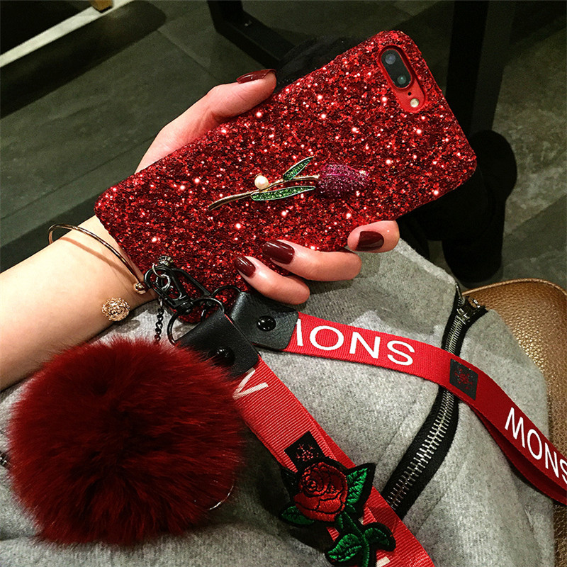 

Fashion Diamond Rose Soft Fox Fur Ball Pendant Bling Glitter Cases Cover With Two Flower Straps For Samsung Galaxy Note 20 10 9 8 S21 S20 FE