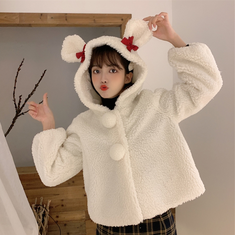 

Korean student loose wild cute thick ear hooded short lamb fur coat female autumn and winter small, As pic