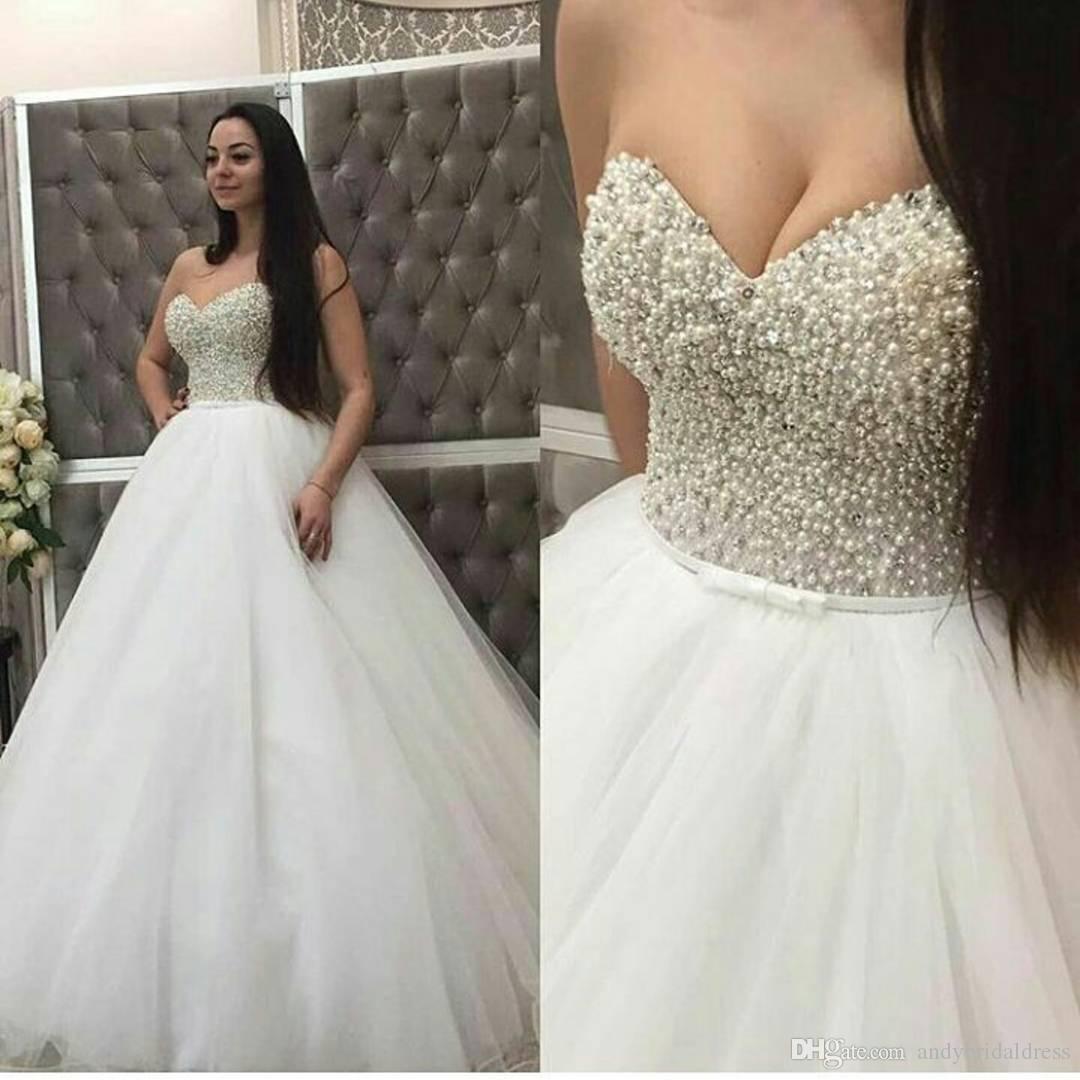 

Romantic Pearls Beaded Wedding gown Dresses Sweetheart Tulle Crystal Beaded Princess Court Train Corset Backless Bridal Gowns, Ivory