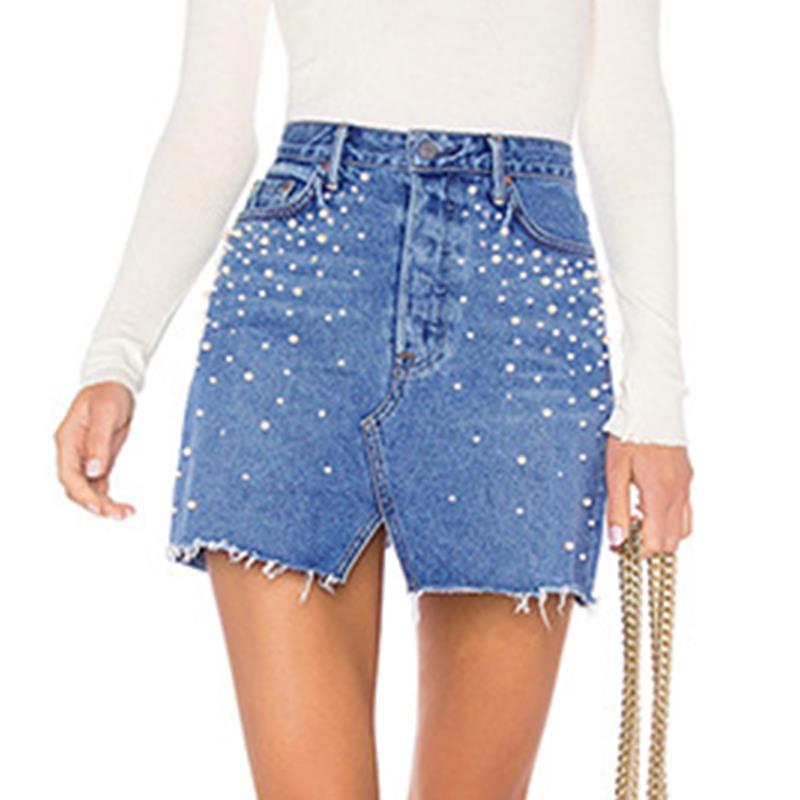 

Fashion High Waist Pearl Beading Skirts Womens Pockets Button Denim Skirt Female Saias 2018 Summer Casual Jeans Skirt WS6525V, Blue