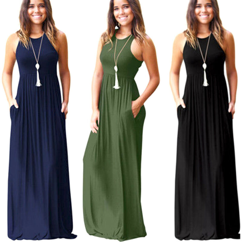 

Women Summer Dresses Sleeveless Round Neck Solid Boho Casual Long Maxi Party Cocktail Beach Dress Sundress, Black