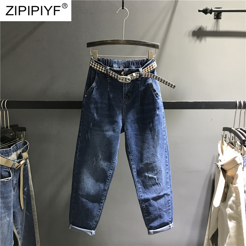 

Vintage Jeans for Women High Waist Stretch Denim Pants Female Bodycon Cotton Ankle-Length Slim Lady Ripped Washed Jeans K498, Blue
