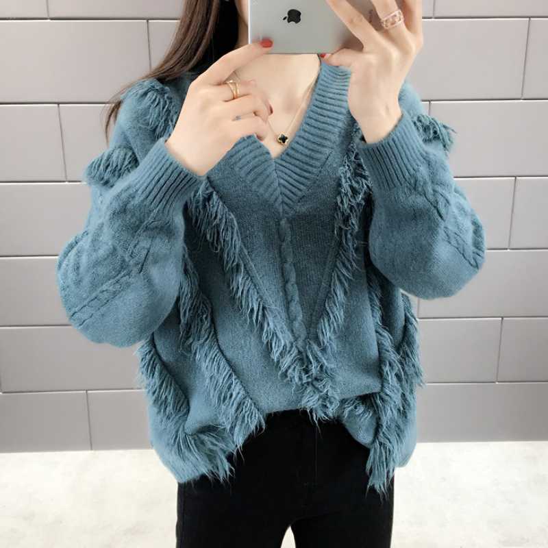 

New 2020 Autumn Winter Women's Sweaters V-Neck Long Sleeve Tops Korean Style Knitting Casual White Red Blue