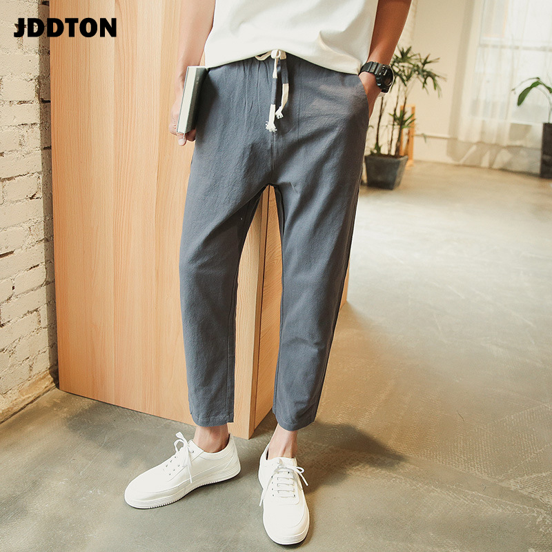 

JDDTON Summer Men's Cotton Linen Pants Japanese Casual Beam Foot Pant Hip Hop Fashion Ankle Length Streetwear Male Trouser JE463, Black
