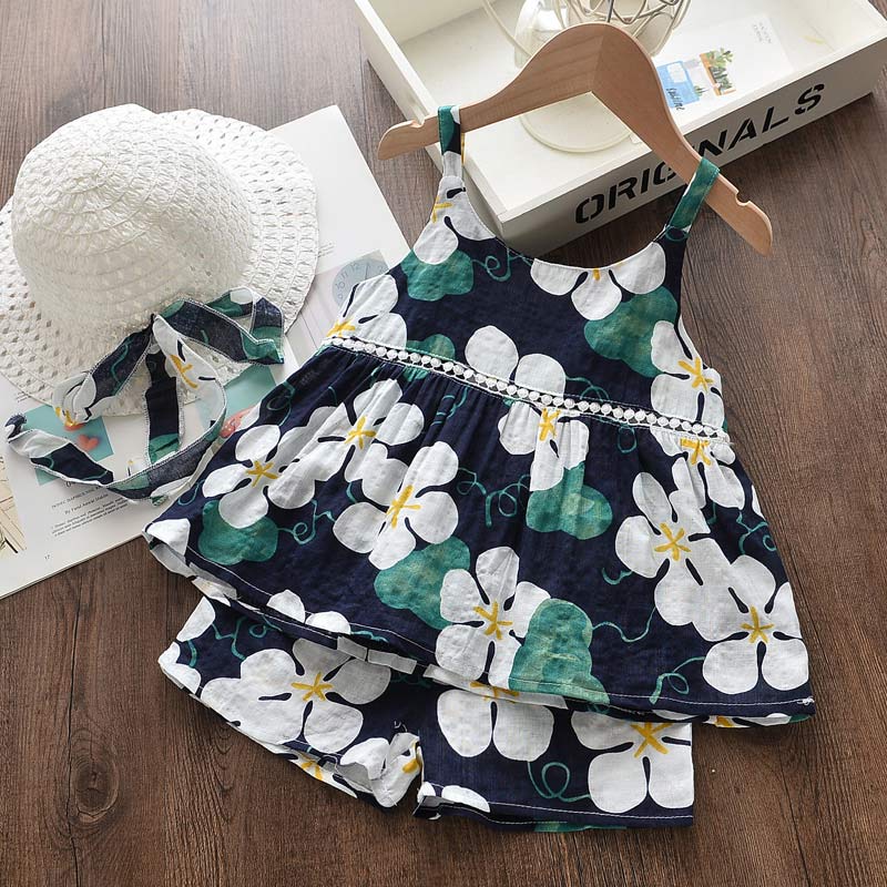 

Girls' Clothing Set 2020 Summer Cool Children's Clothes Floral Chiffon Strap Top Shorts Straw Hat 3 Pieces Baby Infant Clothing, Az2114