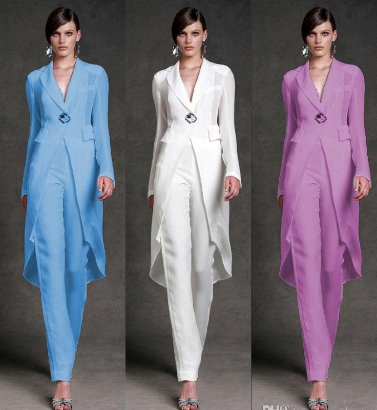 

Modest Chiffon Mother Of The Bride Dresses Pants Suits V-Neck Long Sleeves Formal Evening Gowns Ankle Length Mother Of The Bride Suits