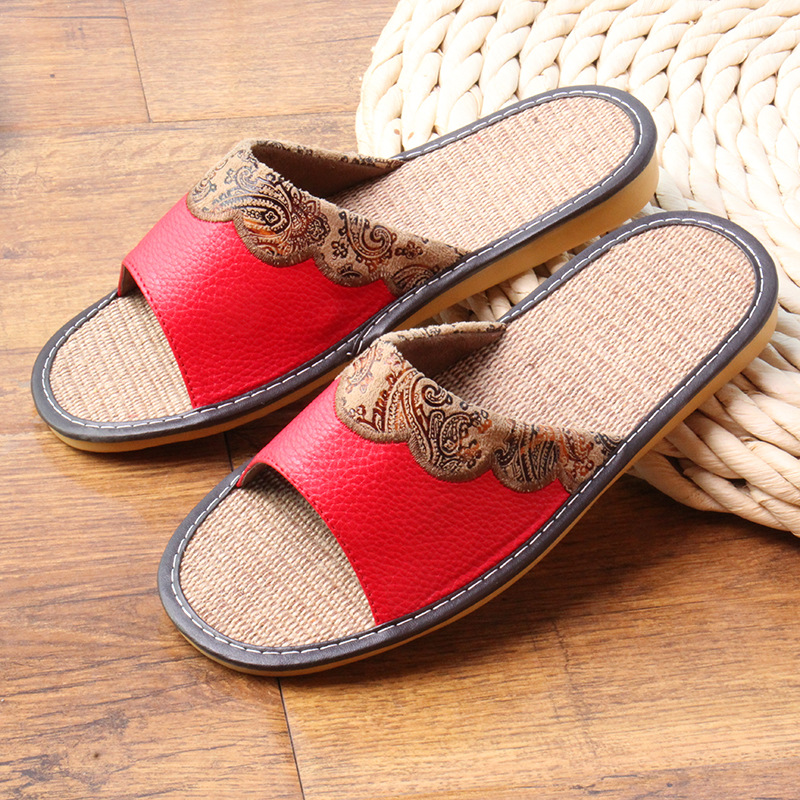 

Women's Linen Flax PU Leather Slippers Summer Breathable Sweat Slippers Non-slip Fashion Embroidered Home Indoor, Pink