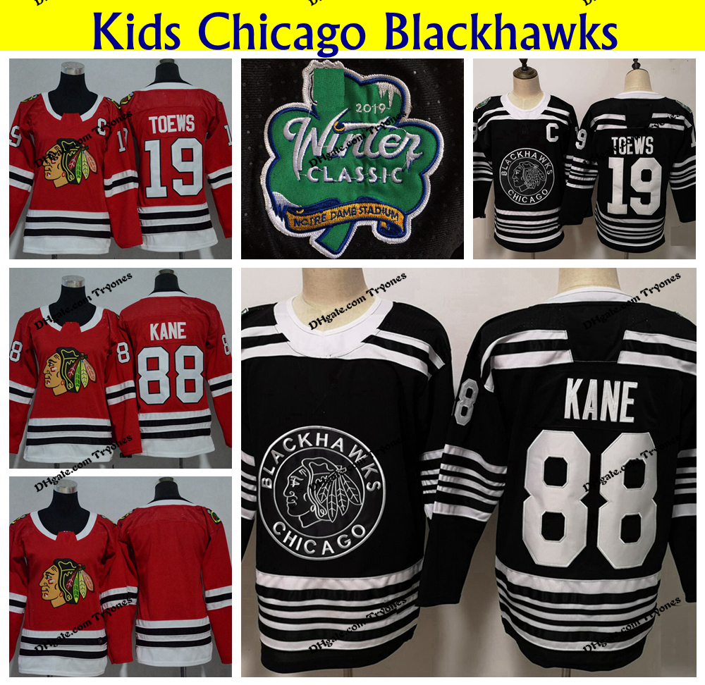 

Youth Chicago Blackhawks 2019 Winter Classic Black 88 Patrick Kane 19 Jonathan Toews Hockey Jerseys Kids Home Red Stitched Shirts