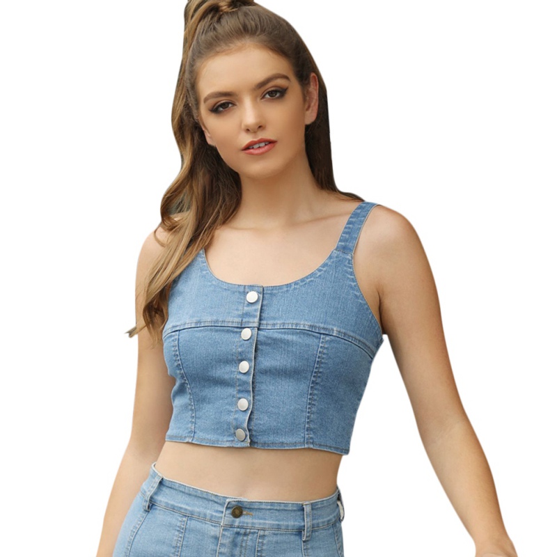 

Blue denim Sexy Denim Vest Short Tube Top Sports Vest Sexy Exposed Navel Camisole For Women New