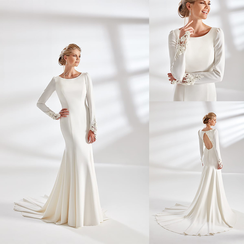 

Eddy K Couture Hollow Back Mermaid Wedding Dresses Long Sleeve Hand Made Flowers Satin Wedding Dress Sweep Train Bridal Gown, Pink