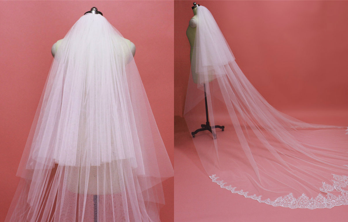 2020 Voiles De Mariage Perlé Appliqued Bord Sur Mesure Long Voile De Mariée Deux Couches Tulle Chapelle Longueur Vente Chaude Robes De Tête