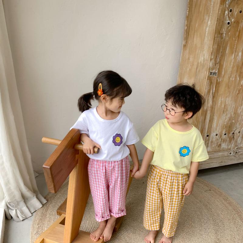 

Summer boys girls cute floral clothes sets 2020 children cotton T shirt and plaid pants 2 pcs sets, Black