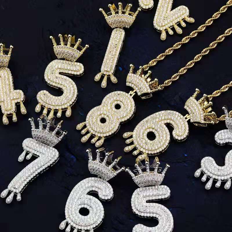 

iced out 1 to 9 number pendant necklaces for men women luxury designer bling diamond crown numbers pendants birthday necklace jewelry gift