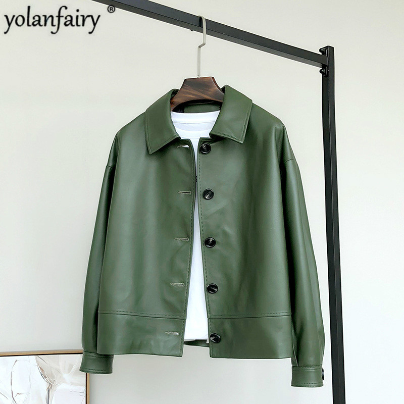 

Women's Genuine Leather Jacket 2020 Korean Spring Autumn Sheepskin Coat Short Casual Real Leather Jackets Cuero Genuino 921 KJ, Green