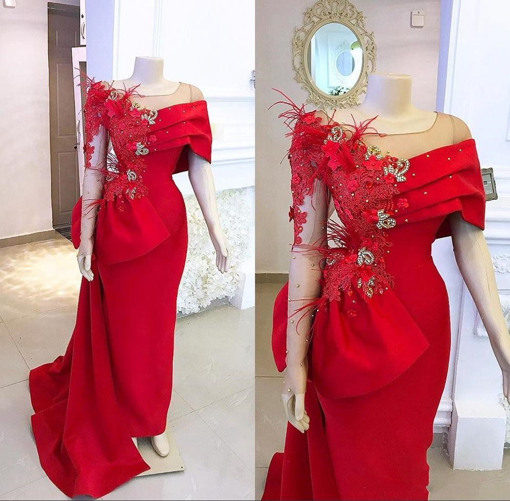Elegant Beaded Lace Feather Mermaid Evening Dresses 2020 Sexy Sheer Neck Long Sleeves Prom Dress Party Gowns With Overskirts robes de soirée
