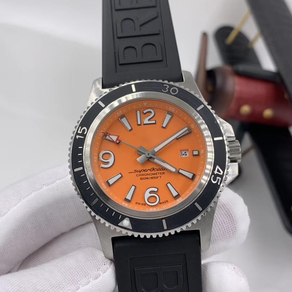 

1884 Super-Ocean 46MM Watch Orange Dial Stainless Steel Rotating Bezel Mens Automatic Mechanical Rubber Band Watch Luminous Wristwatches, No send watch for shipping cost