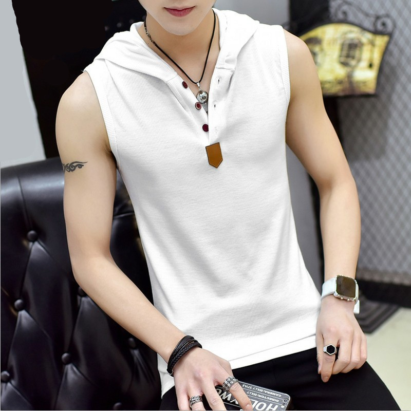 

Summer tide brand men's fashion hooded vest cotton men's slim fit sports sleeveless vest men clothing, Black