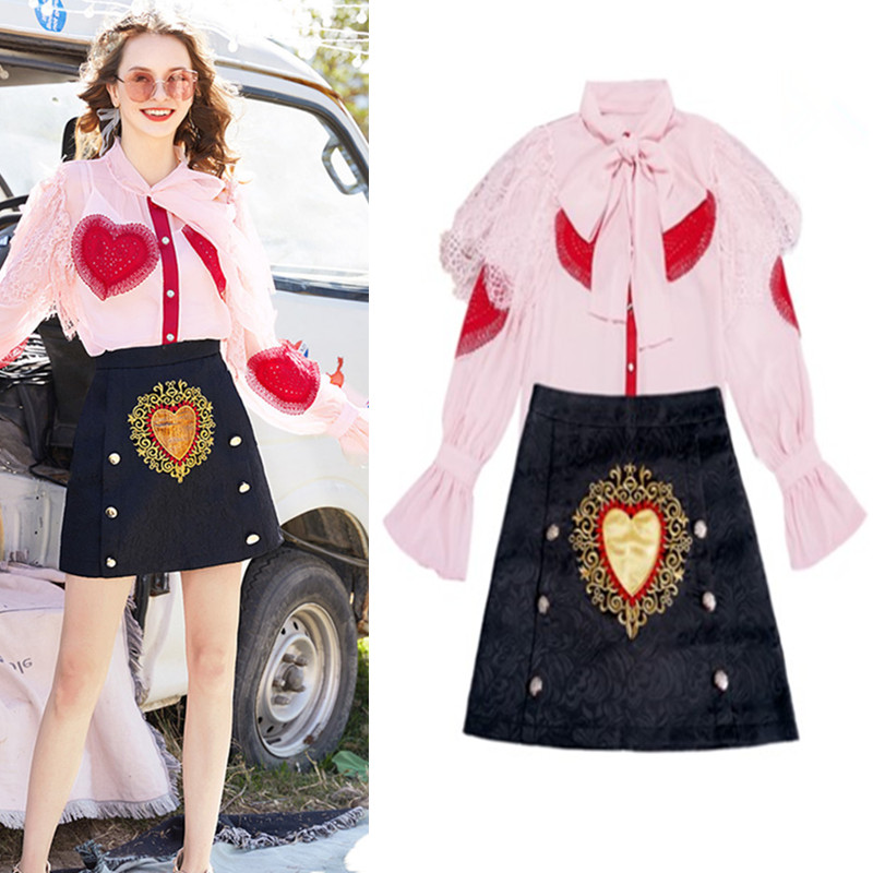 

Runway Embroidery Party Skirt Suits Set Spring Women Red Hearts Appliques Ruffles Lace Bows Pink Tops Blouse Shirts Skirts NS644, Black