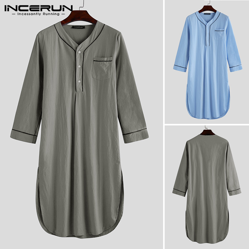 

INCERUN Men Sleep Robes 2020 Long Sleeve V Neck Button Homewear Leisure Cozy Bathrobe High Quality Mens Nightgown Pajamas Dress, Blue