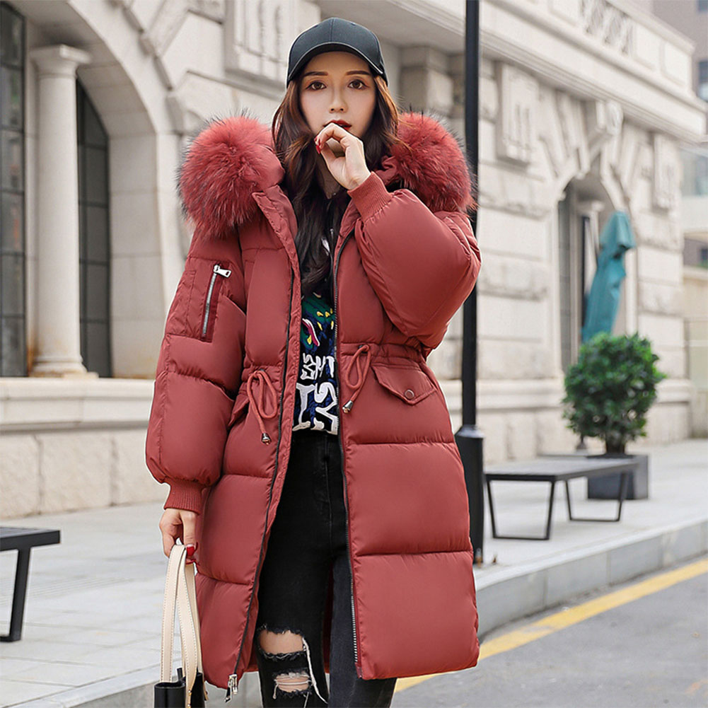 

Ladies Drawstring Parkas Long Sleeve Winter Outwear Zipper Solid Knee Length Women Jacket Warm Fashion Thickened Hooded Loose, Black