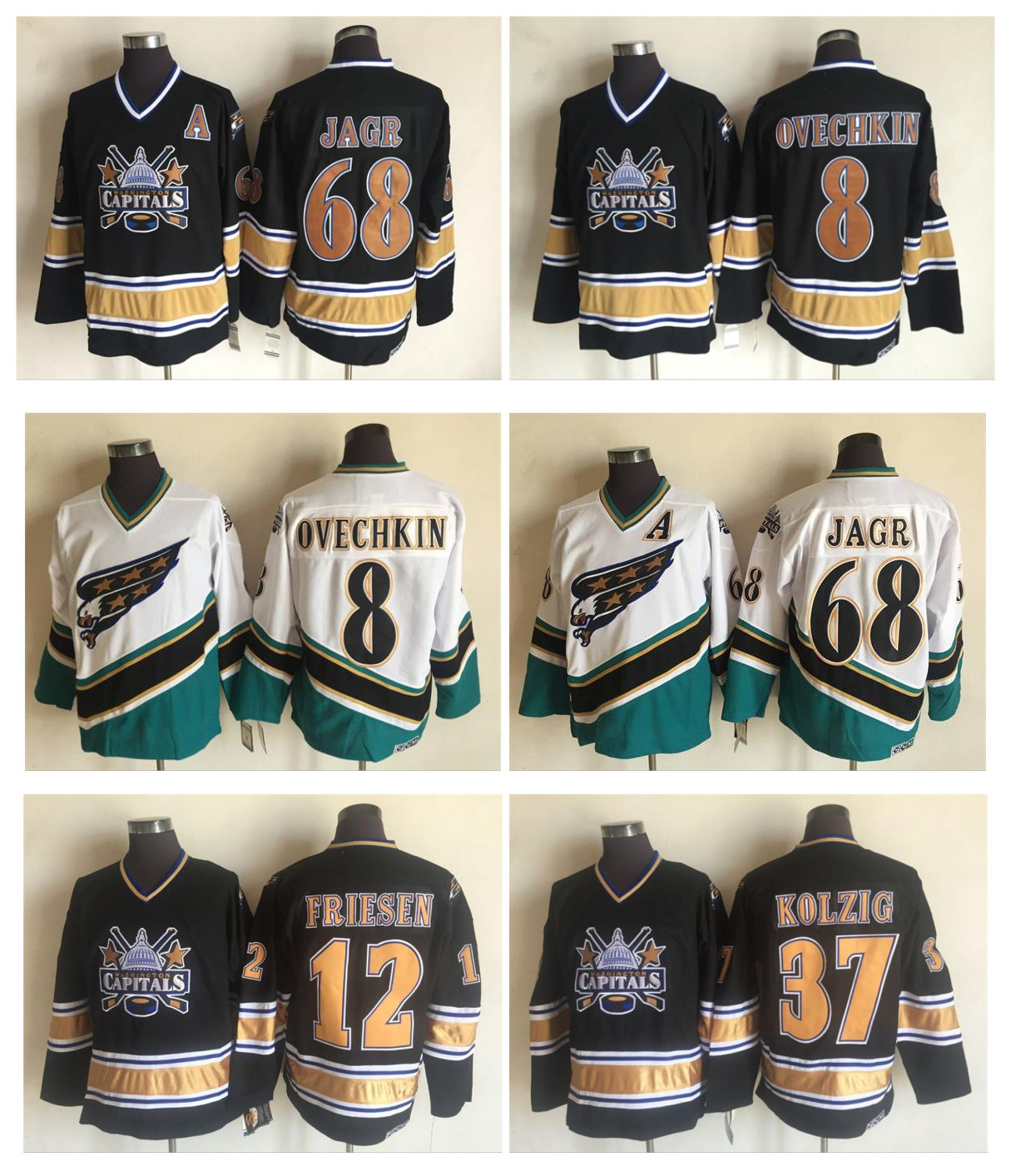 

Washington Capitals Jersey 8 Alex Ovechkin 68 Jaromir Jagr 37 Kolzig 12 Jeff Friesen Black White 100% Stitched 1990 Vintage Hockey Jerseys, As pic