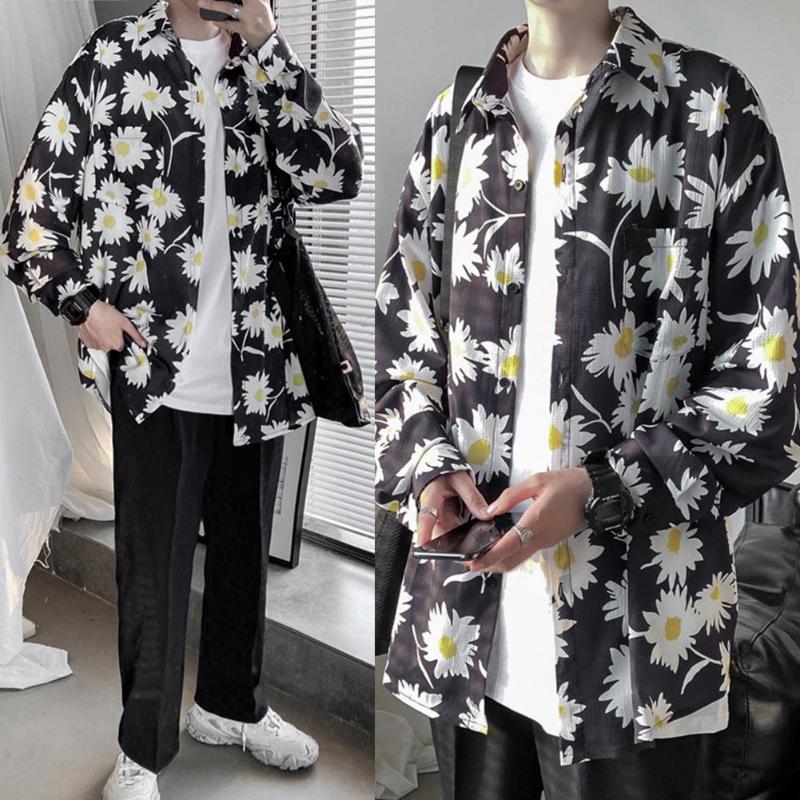 

Men Marguerite Long Sleeve Turndown Collar Button up Blouse Shirt Loose Top, Black
