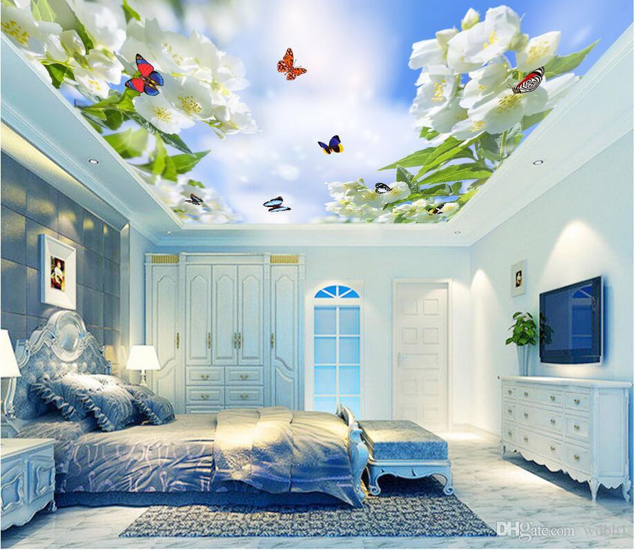 

3d ceiling murals wallpaper custom photo non-woven murals wallpaper for walls 3 d Beautiful flowers, butterflies, blue sky and white clouds, Picture shows