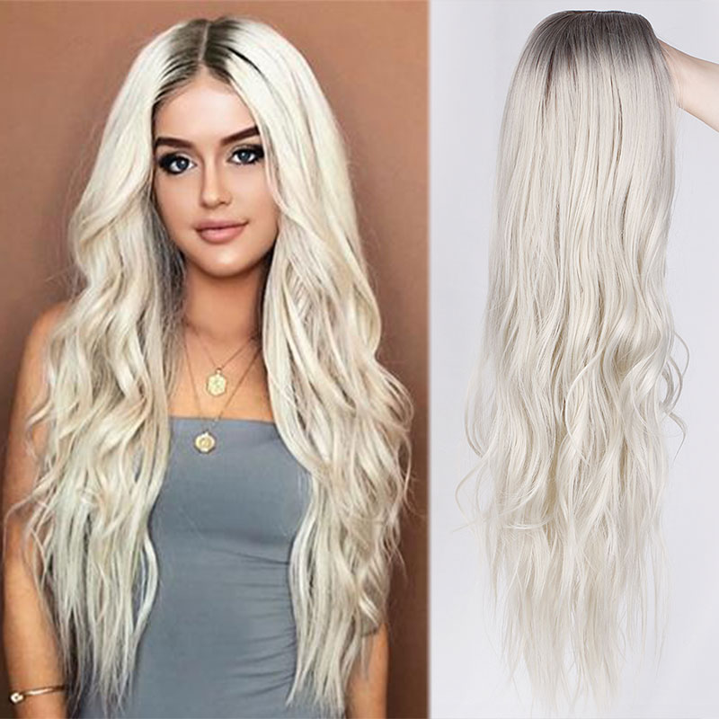 

28 inch Blonde Wig Long Wavy Ombre Platinum Blonde Synthetic Wigs For Women Daily Party Wigs Two Tone Natural Middle Part Wig, #2