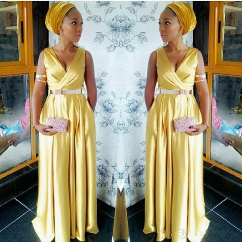 

2019 New Elegant African Gold Evening Dresses Long A-Line Sashes Deep V-Neck Prom Gowns Dress for the Degree Formal Dresses Prom Dress, Daffodil