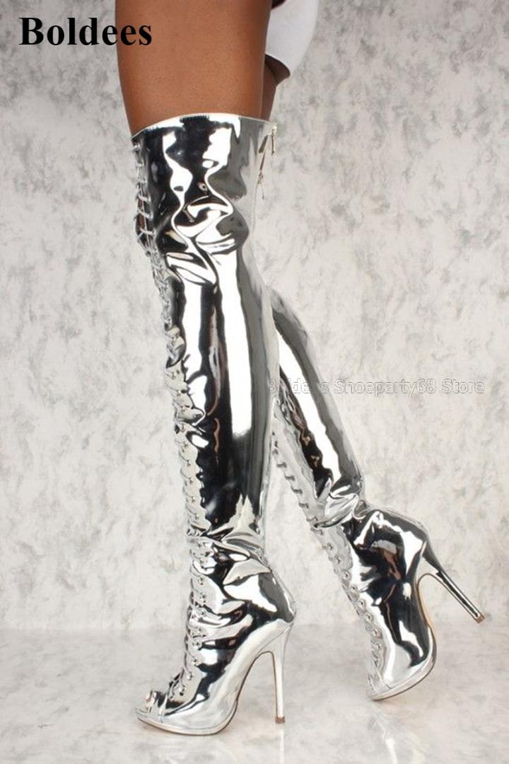 

Unique Mirror Leather Silver Gold Peep Toe High Heel Thigh High Boots Patent Cross Tied Over The Knee Stiletto Shoes, As picture