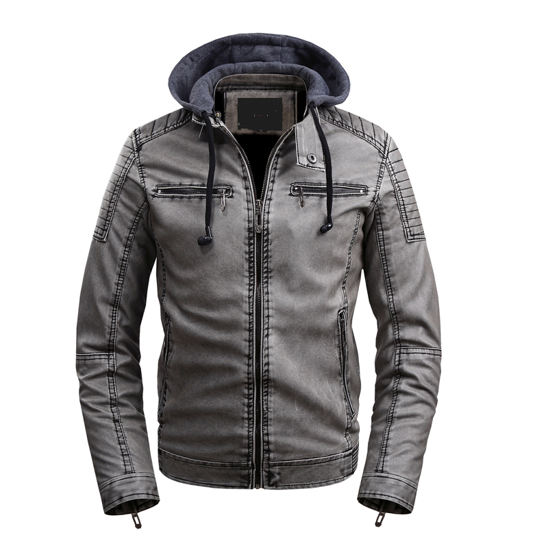 

iSurvivor2020 Stand collar hooded velvet leather jacket men's autumn and winter casual fashion motorcycle leather jacket, Black