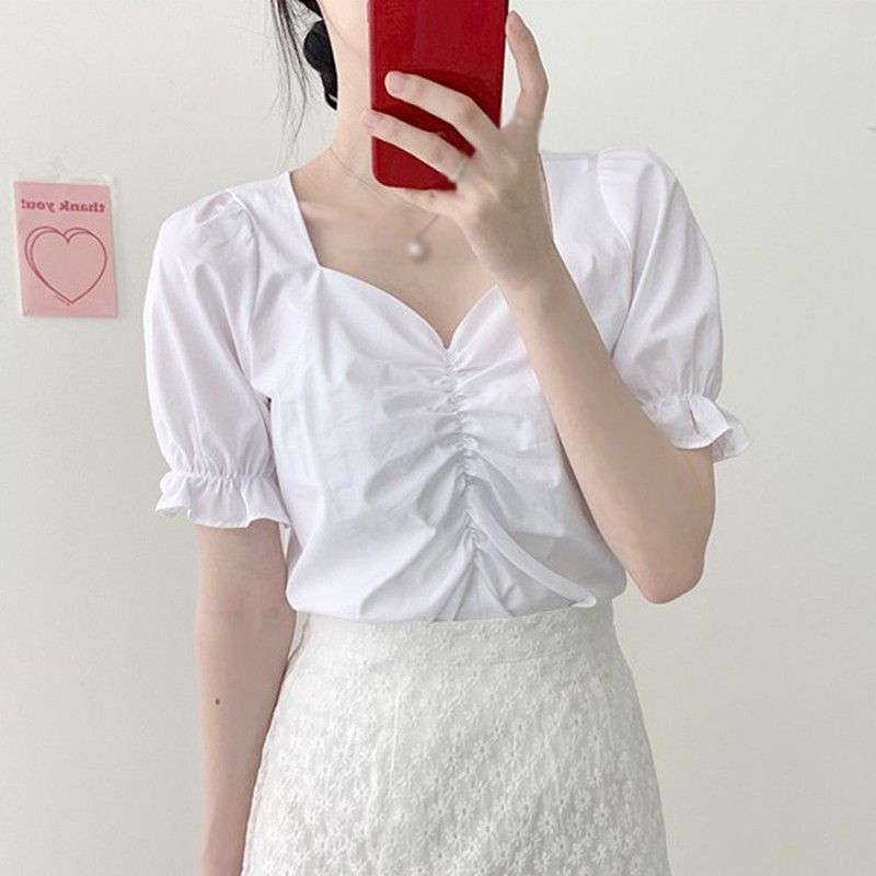 

Summer Sweet Shirts Women Square Collar White Shirt Korean Fashion Young Girls Solid Color Blouse Tops
