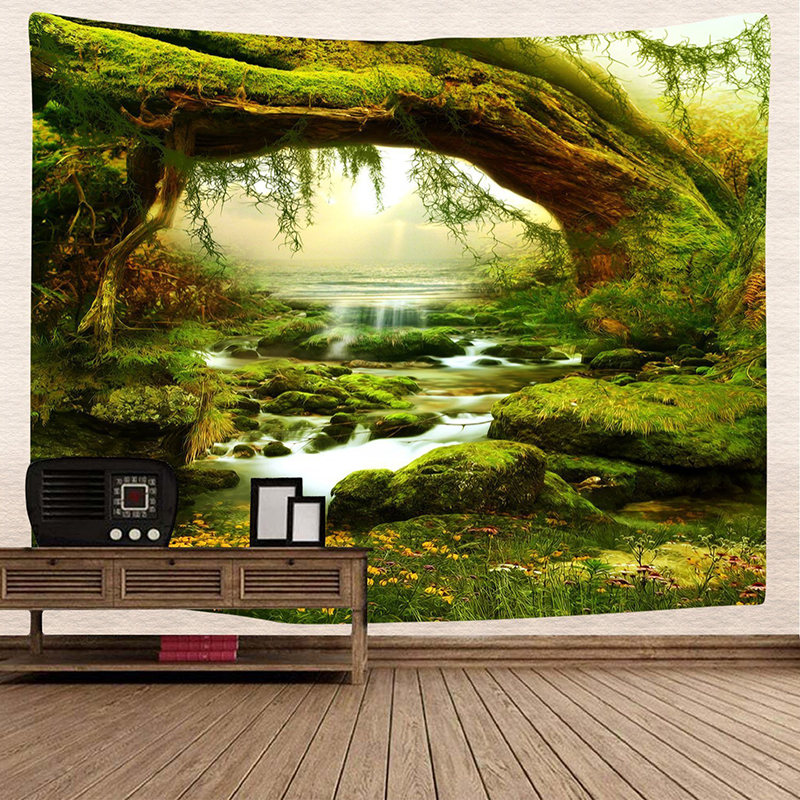 

Green Forest Wall Hanging Tapestry Nature Green Tree Jungle Landscape and Streams Mysterious Wall Tapestry for Bedroom Dorm Decor