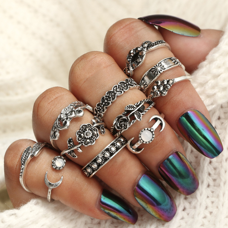 

Wholesale-Charm Roses Rings for Women Girl Wedding Party Vintages Leaf Carving Totem Ring 11 Pcs/Set Noble Ring Jewelry Wholesale
