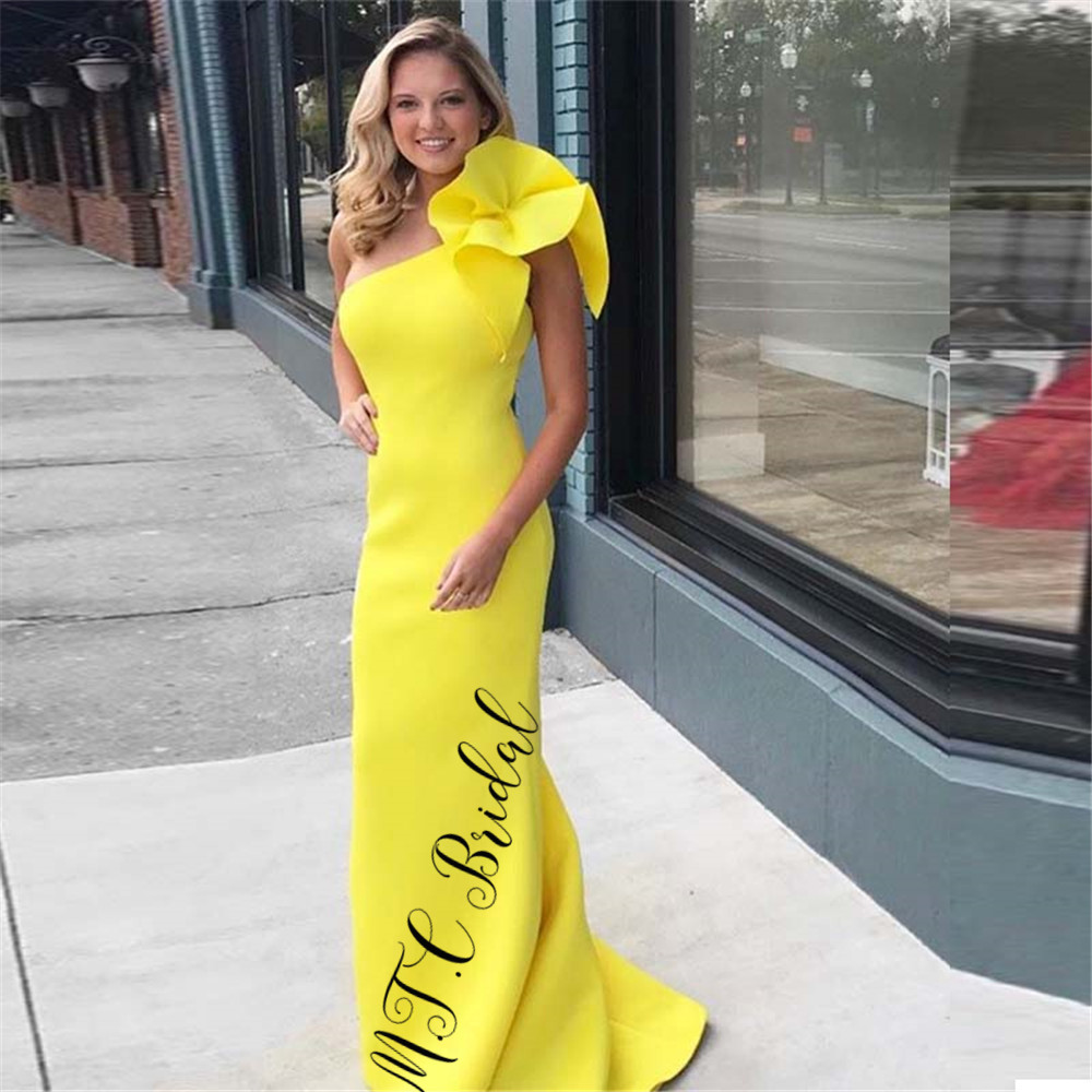 

Graceful One Shoulder Yellow Evening Dress 2019 Gorgeous Ruffles Mermaid Long Elegant Formal Occasion Dresses Custom Made, White