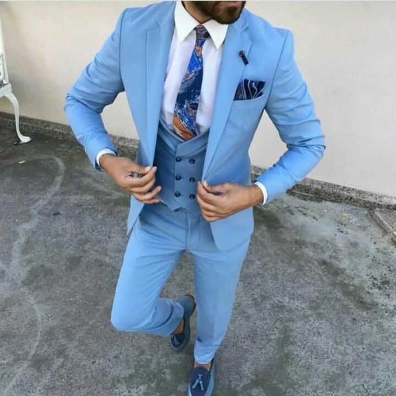 

New Brand Men Suit Light Blue 3 Pcs Men Suit (Jacket+Vest+Pants) Suits for Wedding Evening Party Groom Tuxedos Slim Fit