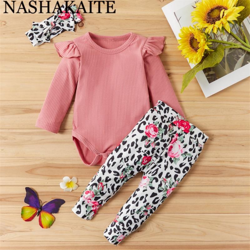 

NASHAKAITE Baby girl clothes Newborn 3-piece Solid Bodysuit +Leopard Print Pants + Headband Baby Set Girl Clothes Set, Pink
