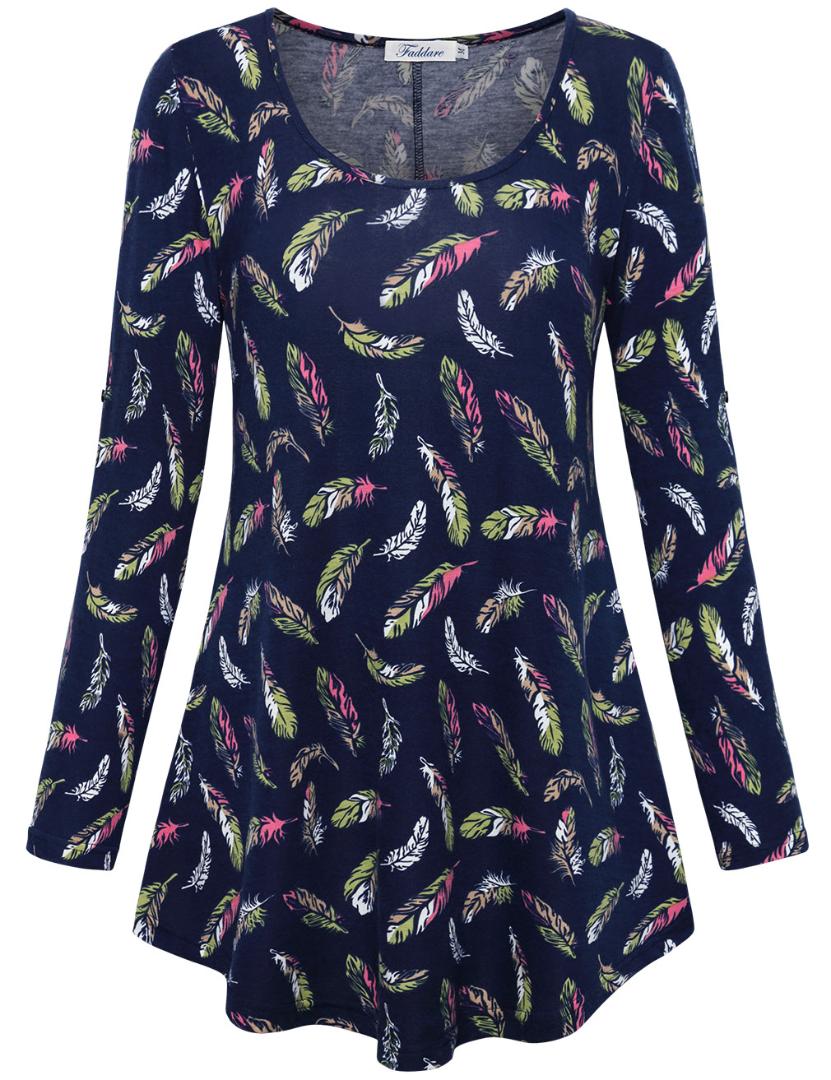 

Women' Casual Long Sleeve Scoop Neck Feather Printed Flared Basic Tunic Tops, Black