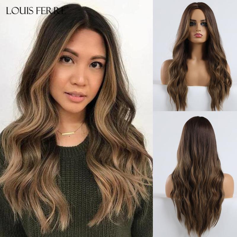 

LOUIS FERRE Long Ombre Black Brown Hightlight Wavy Wigs Synthetic Wave Wigs for Black Women Middle Part Heat Resistant, Lc179-8