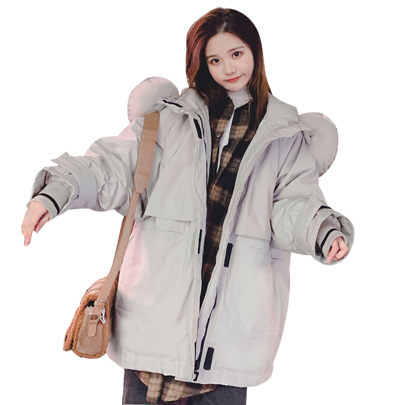 

2019 New Large Size winter Keep warm Snow Ground jacket Fur Collar Hooded Winter Jacket Female Fashion Loose Wild Warm Outerwear, Beige