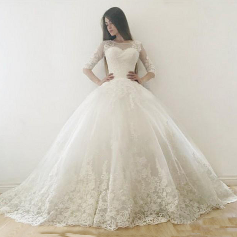 

Custom Made Half Long Sleeves Lace Ball Gown Wedding Dresses with Appliques Jewel Neck Court Train Tulle Wedding Bridal Gowns, White