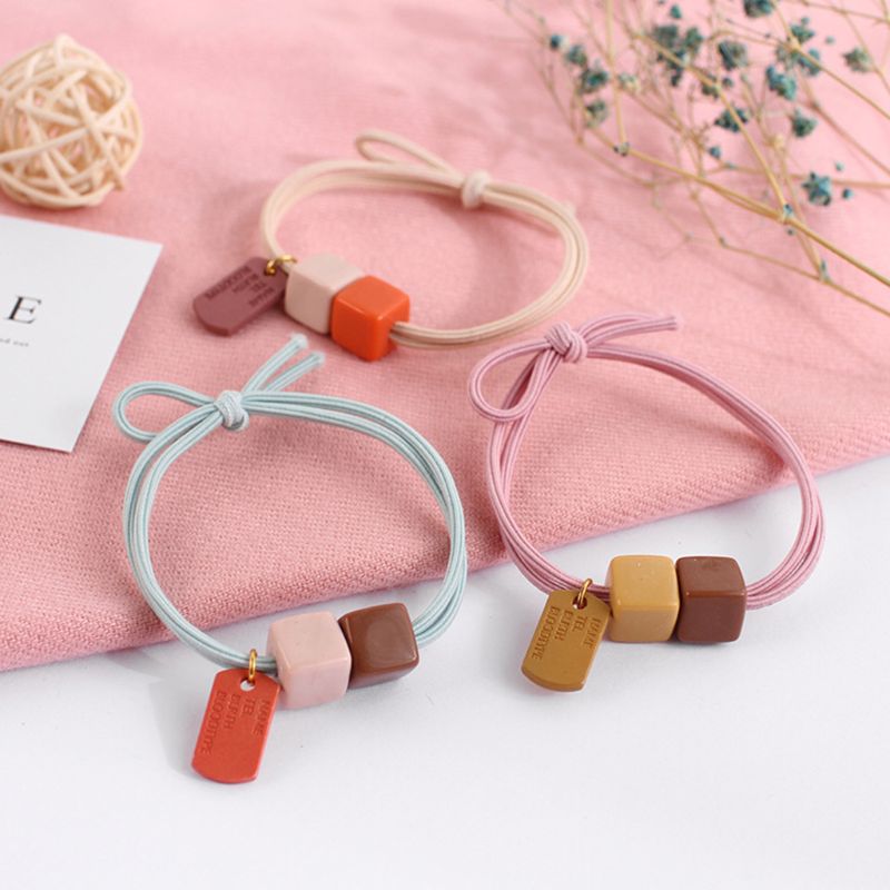 

5Pcs Girl Kids Elastic Rubber Hair Ropes Candy Color Resin Square Bead Hair Ring XXFE, Pictures shown