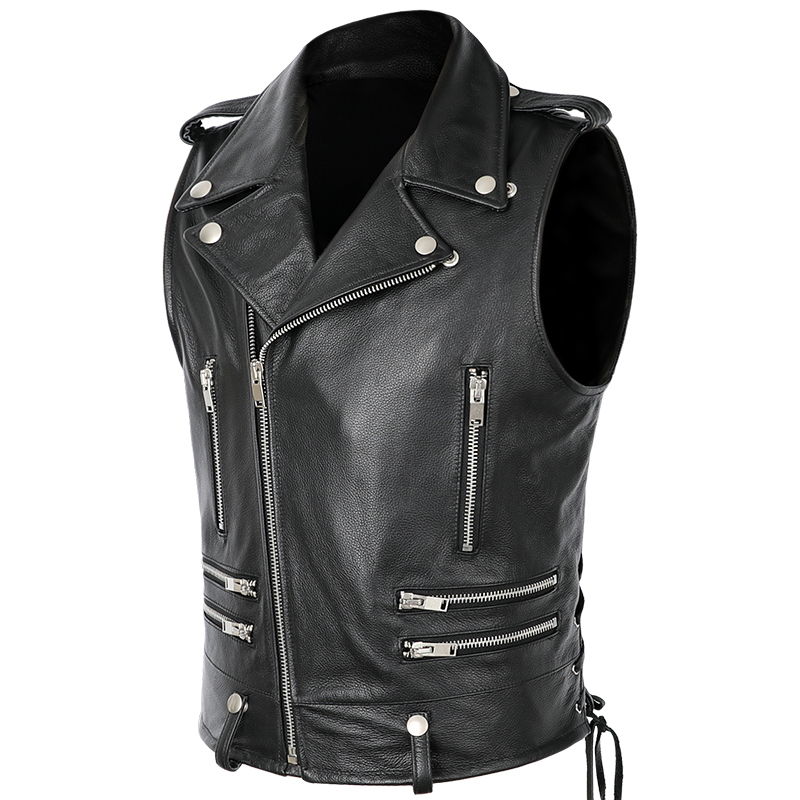 

Mens Motorcycle Biker Genuine Cowhide Leather Vest Real Leather Waistcoat Zippers Pockets Punk Sleeveless Jacket Adjustable Side, Black