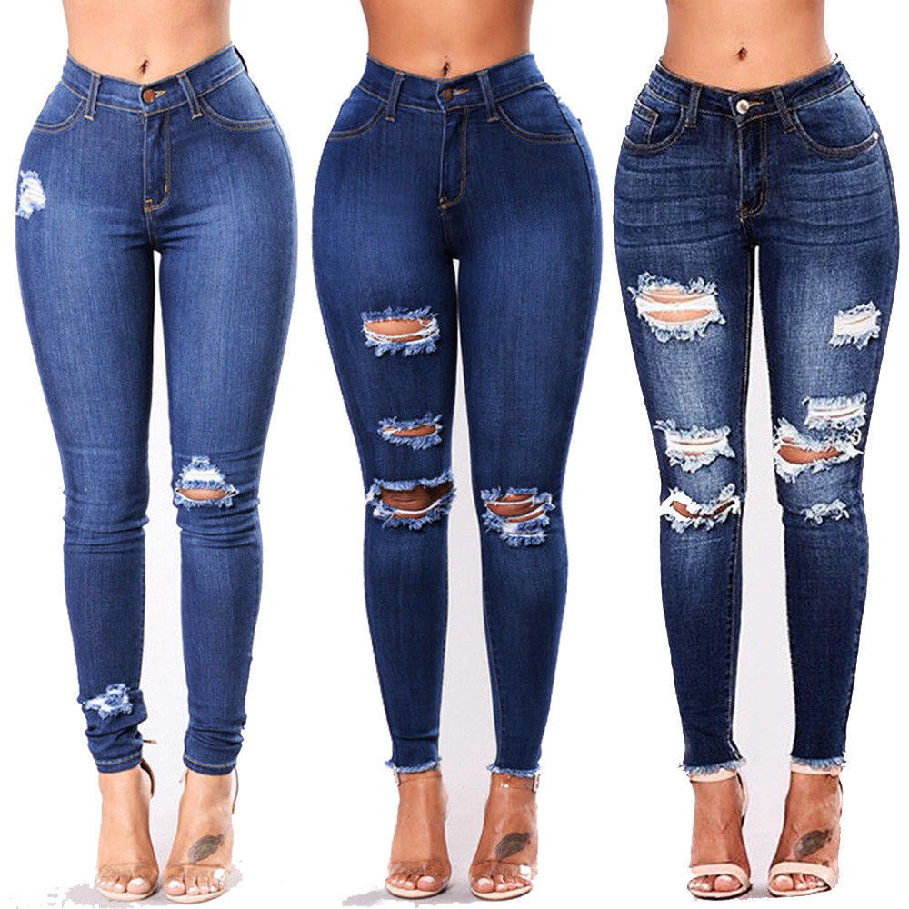 

New Stylish Womens High Waisted Skinny Ripped Denim Pants Slim Pencil Jeans Trousers Plus Size 3 Styles hot sale