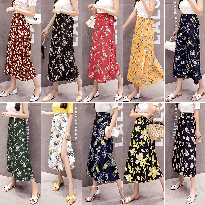 

Korean Summer Beach One Piece Two Kinds Wearing Printed High Waist Wrap Chiffon Floral Long Skirts Women Fashion Streetwear 2020, 12