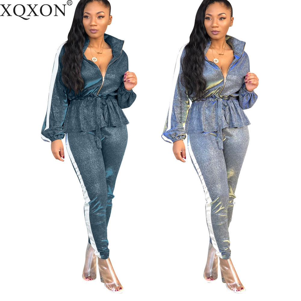 

Women' suits Shiny Silver Sexy 2 Two Piece Sweatsuit Long Sleeve Front Zipper Top And Side Stripe Bodycon Pant Casual Tracksuit
